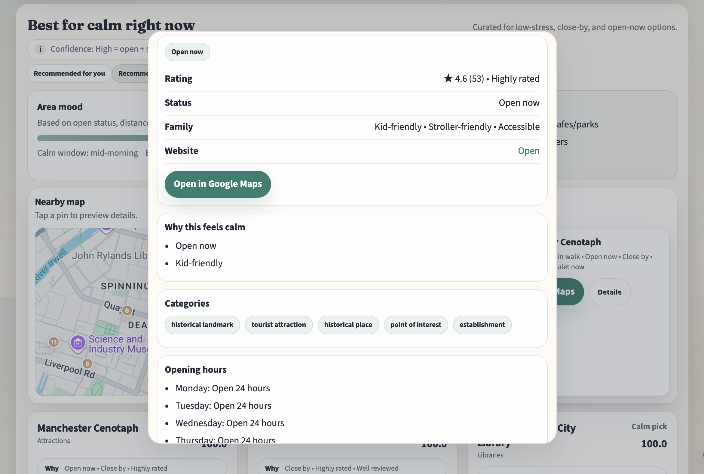 PlanHalo Nearby place detail drawer for Manchester Cenotaph showing rating, open now status, family/accessibility tags, categories, and opening hours