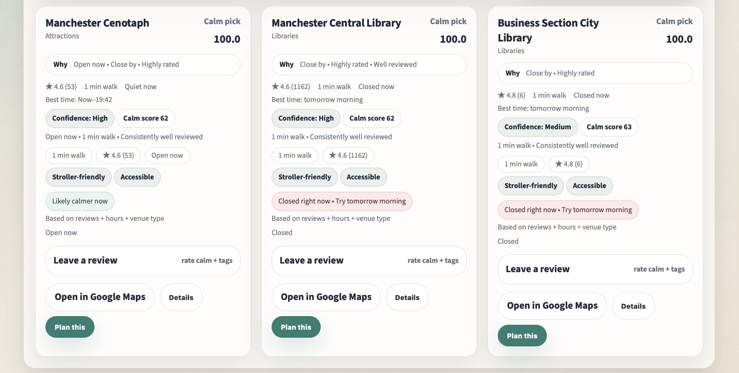 PlanHalo Nearby result cards showing calm pick score, calm score, confidence, rating, and open/closed best-time hints