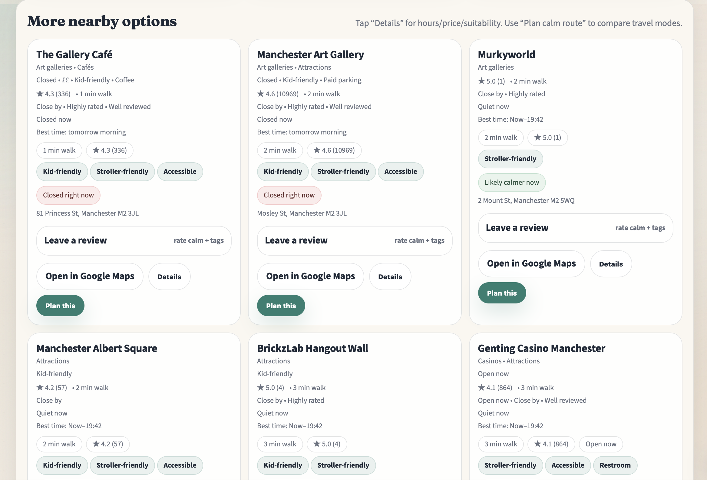 PlanHalo Nearby map view of calm places around central Manchester