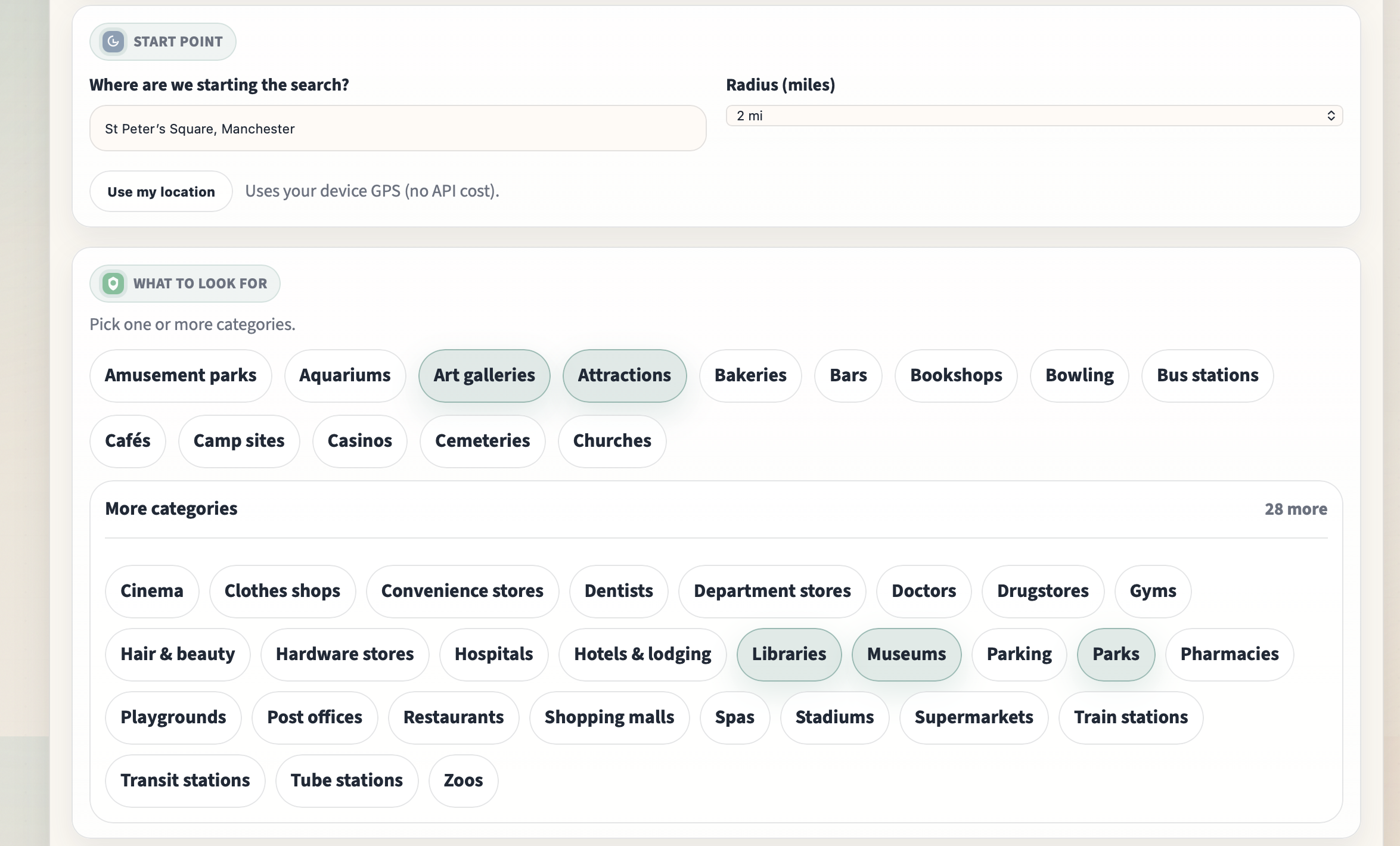 PlanHalo Nearby search form for Greater Manchester with start point set to St Peter’s Square, Manchester and a 2-mile radius