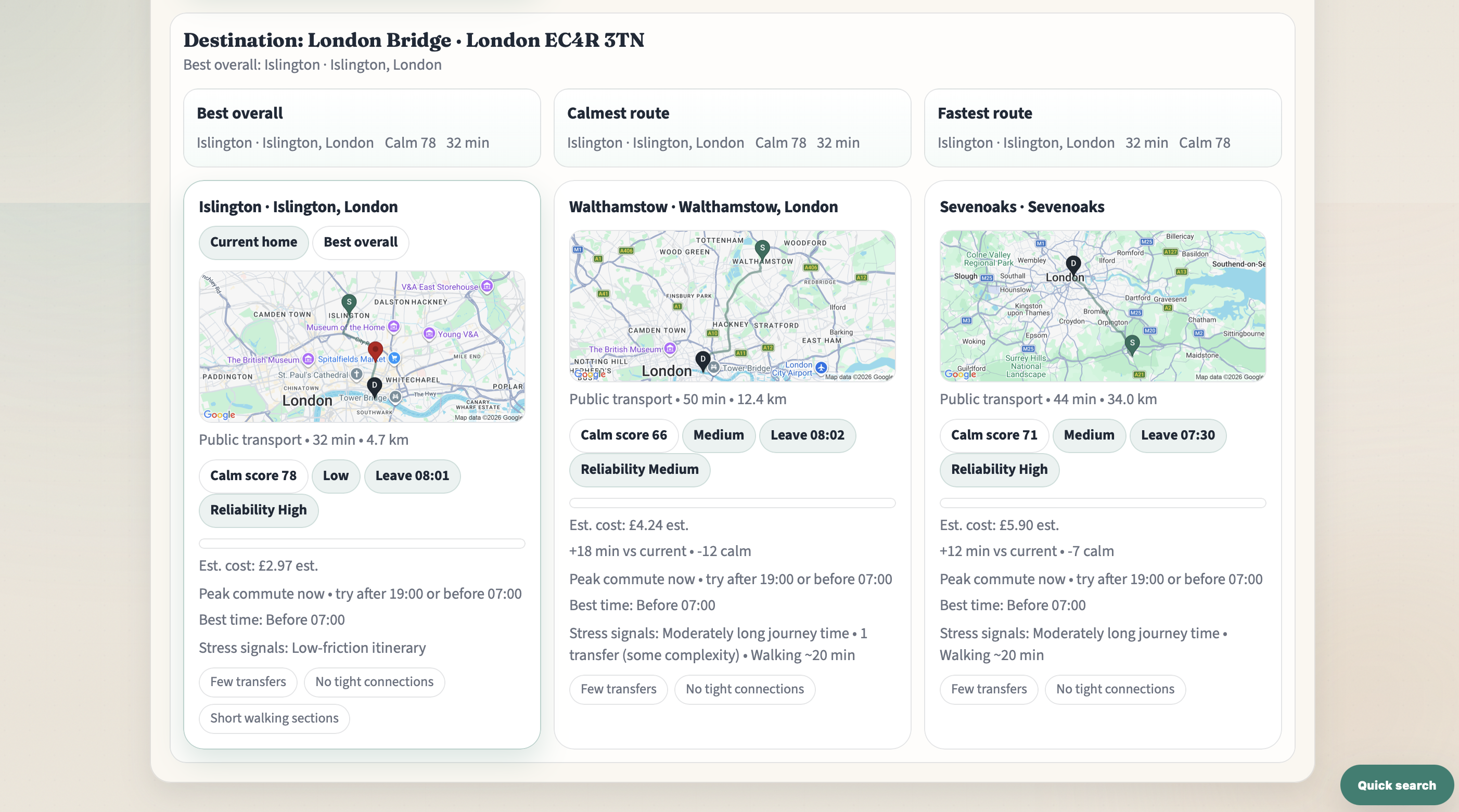 PlanHalo relocation results for London Bridge comparing Islington, Walthamstow, and Sevenoaks (time, calm score, reliability, cost)