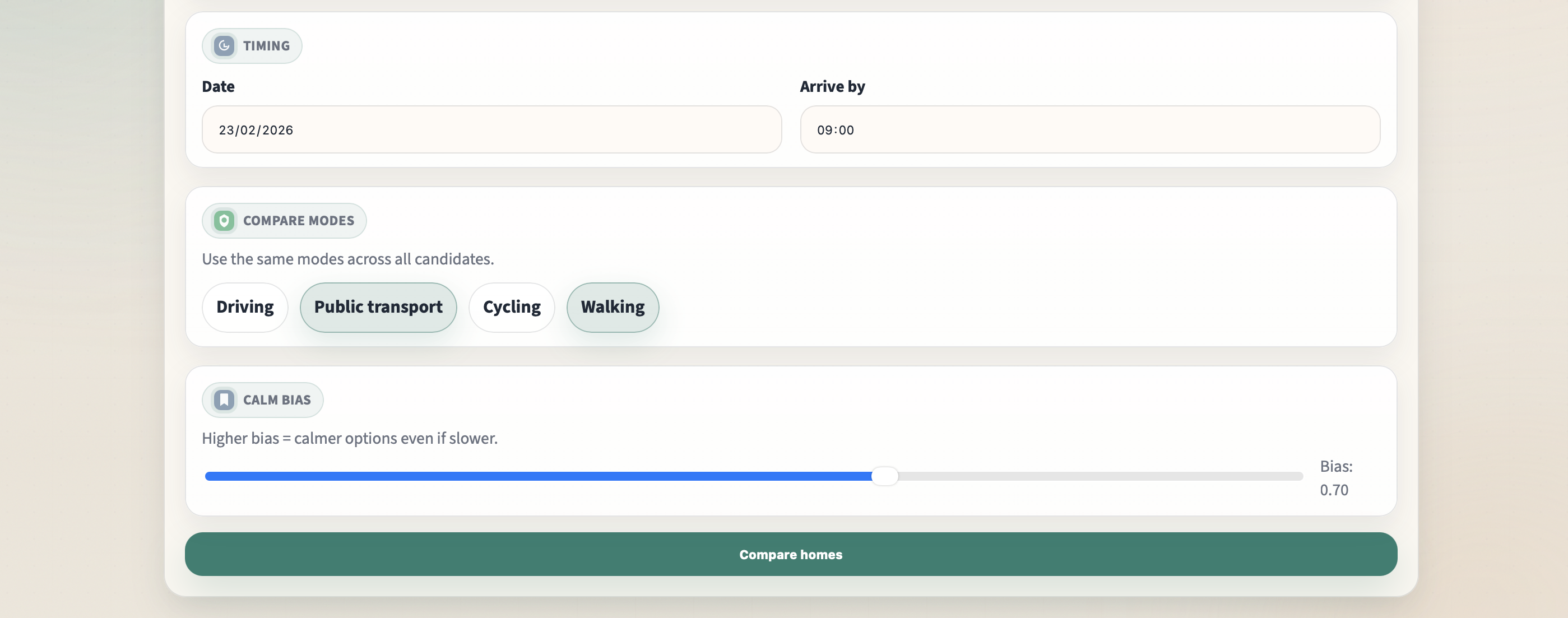 Relocation planner input details for London commute comparison (date, arrive-by time, modes, calm bias)