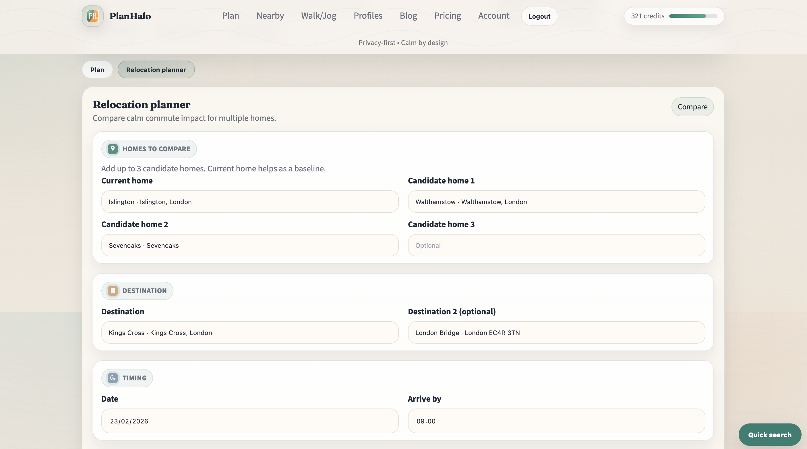 Relocation planner form with London home and destination inputs